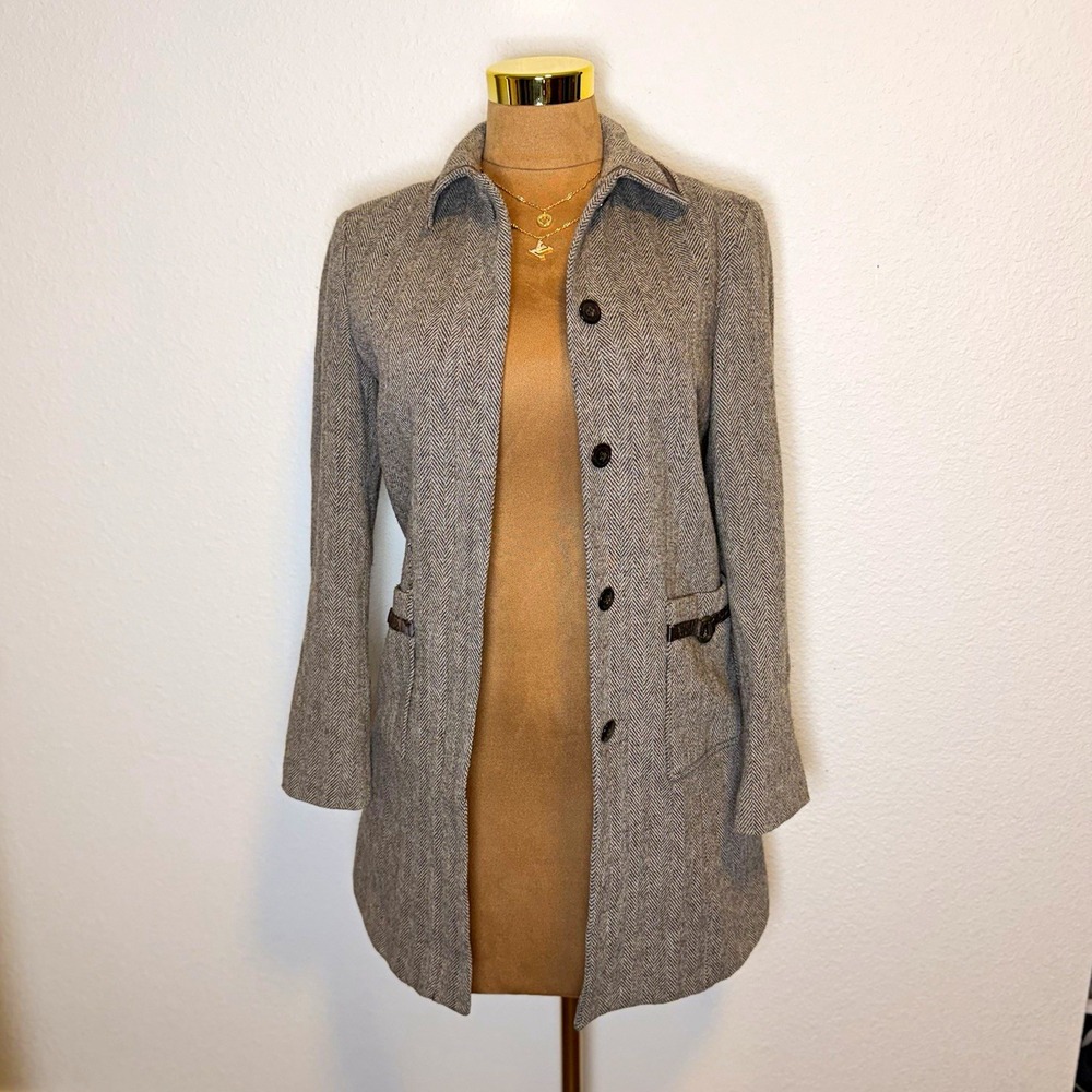 Michel Klein Gray Herringbone Tweed Button Front Lined Jacket Women's 38